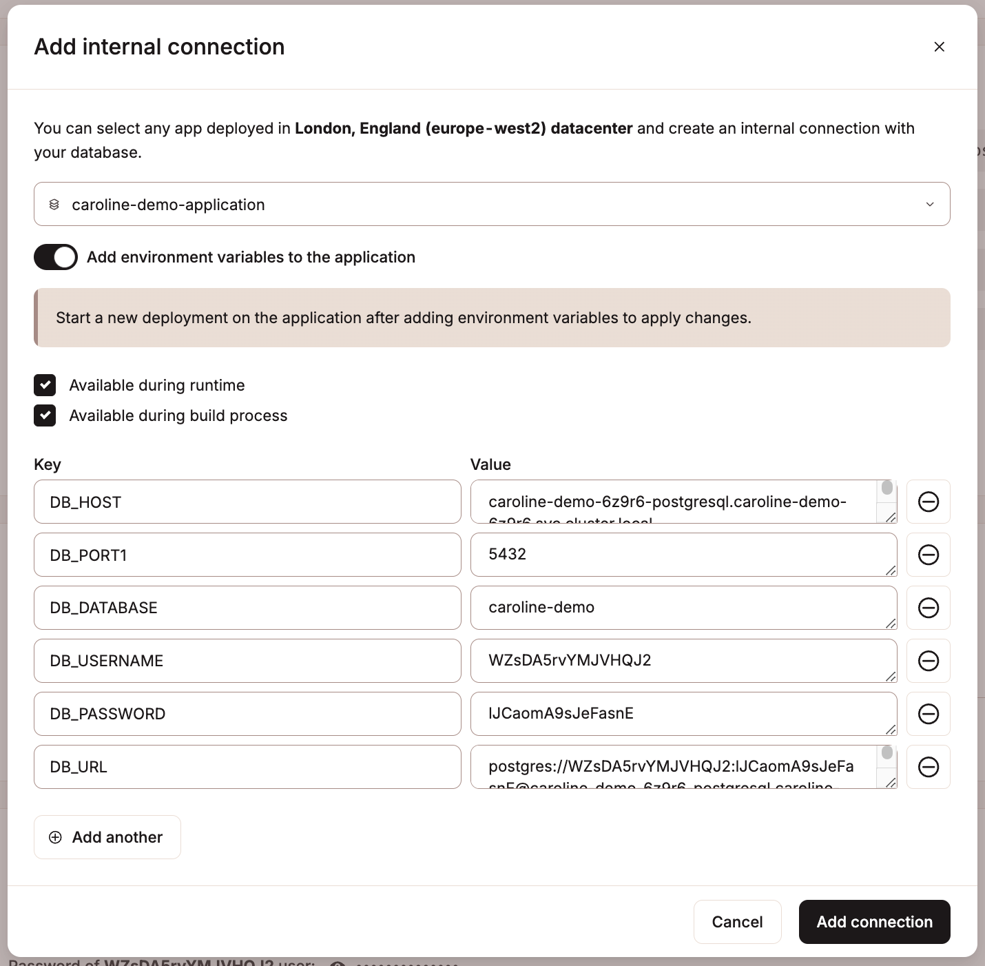 Automatically fill environment variables from the database connection details.